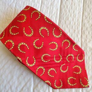 Ralph Lauren Mens Tie Imported Silk Gold Horseshoes on Red, Equestrian. Handmade